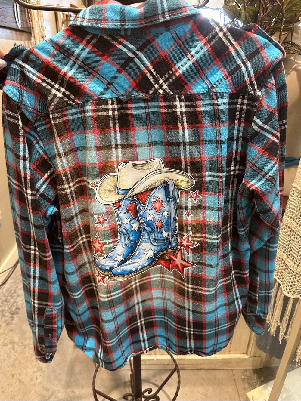 Turquoise Plaid Button-Down Shirt with Western Boot Patch custom flannel